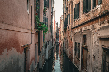 Fototapeta na wymiar Scenic narrow canal with ancient buildings with potted plants in Venice, Italy