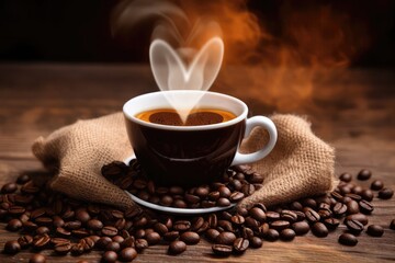 Cup Of Coffee Emitting Heartshaped Smoke And Surrounded By Coffee Beans On Burlap Sack, Placed On Old Wooden Background