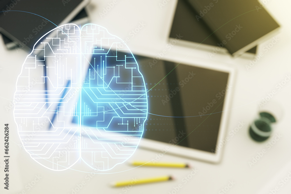 Poster creative artificial intelligence concept with human brain sketch and modern digital tablet on deskto