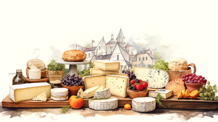 Indulge in a culinary adventure at the farmer's market with an extravaganza of artisanal cheeses. Explore a diverse selection of gourmet cheeses for a true food connoisseur's delight. - obrazy, fototapety, plakaty