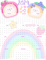 2024 calendar monts. posters for notes with tlat rainbow colours Planners for schoolchildren. Cartoon character flat vector collection isolated kawaii for kids