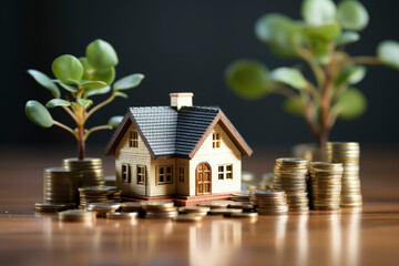 Small house with money and plant on brown table. Investment, home loan , mortgage concept - obrazy, fototapety, plakaty