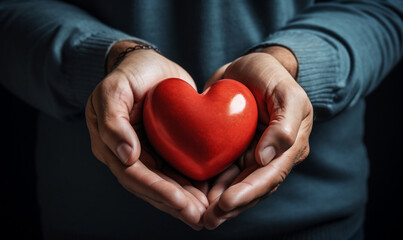 Compassionate Gesture, Male Hands Tenderly Embrace a Red Heart, Symbolizing the Power of Donation