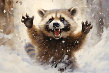 Winter Wonderland, Playful Raccoon Embraces Snowy Fun