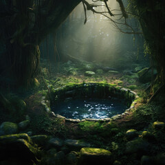 Enchanted well in a forest clearing granting wishes