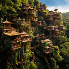 Fototapeta premium Enormous treehouse village in a lush rainforest canopy