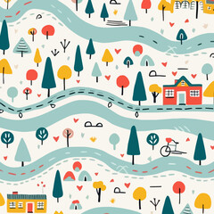 Cyclist on a Narrow Road quirky doodle pattern, background, cartoon, vector, whimsical Illustration