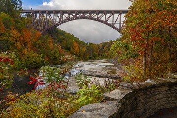Fototapeta premium Bridge over the Upper Falls in Letchworth State Park