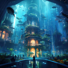 Futuristic underwater city teeming with aquatic life
