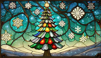 Christmas tree background with snowflakes. Greeting Card and Happy New Year Invitation.