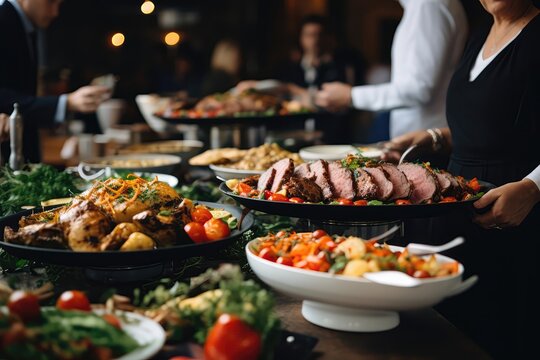 Group Of People Catering Buffet Food Indoors In Restaurant, Featuring Variety Of Meats, Colorful Fruits, And Vegetables