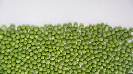 Grain green fresh peas half white background, isolated, organic peas photo idea concept.