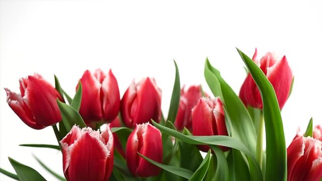 Tulip bouquet, tulips spring flowers close up, blooming red tulips Easter background, bunch isolated on white. Beautiful Spring Easter flowers blooming, beauty flower. Valentine's Day gift. 
