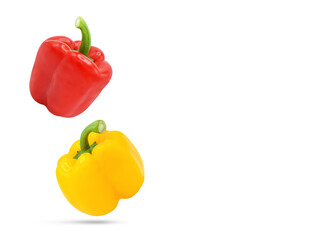 Red yellow bell pepper falling in the air isolated on transparent background. Copyspace. PNG