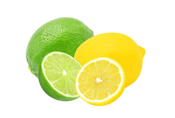 Whole and slice of fresh lime and lemon fruit isolated on transparent background. PNG