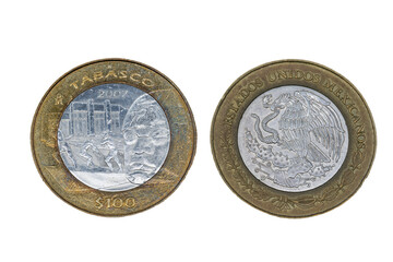 Moneda emblemática de 100 pesos mexicana, Tabasco Reverso, planetario 2000, fuente de los...