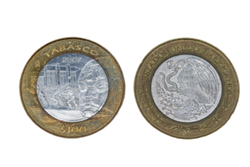 Moneda emblemática de 100 pesos mexicana, Tabasco Reverso, planetario 2000, fuente de los pescadores y cabeza olmeca anverso escudo nacional Mexicano.