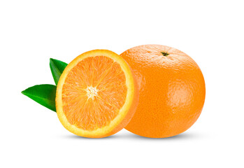 Whole and slice of orange fruit with leaf isolated on transparent background. PNG