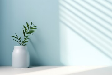 Rinimal Abstract Light Blue Background For Product Presentation, Showcasing Shadows And Light From Leaves On White Wall