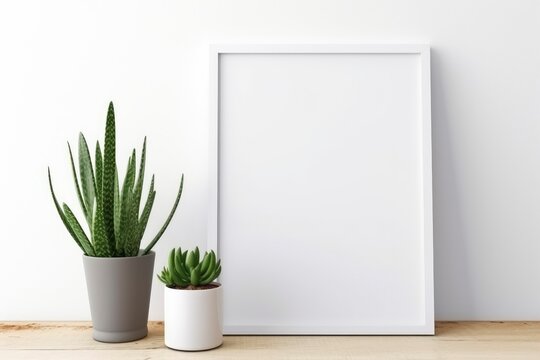 White frames on a shelf with a plant. Scandi style.