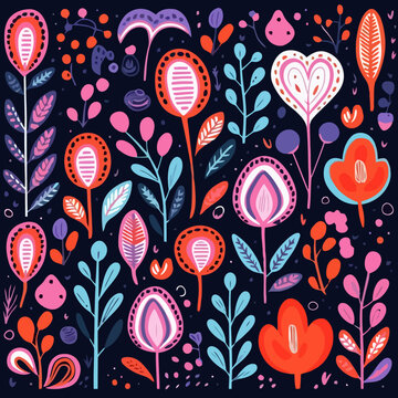 Romantic quirky doodle pattern, background, cartoon, vector, whimsical Illustration