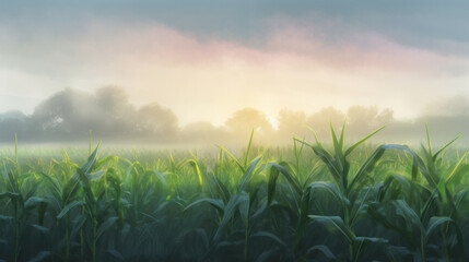 Lush cornfield with young green plants in soft light of misty morning