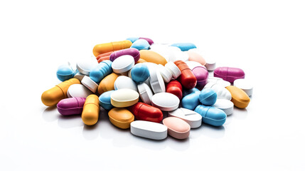 A pile of assorted prescription pills in various shapes and colors sits on a white surface.