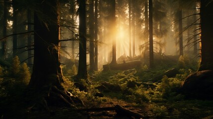 A dense, mystical forest with moss-covered trees and a warm, golden sunset filtering through the foliage.
