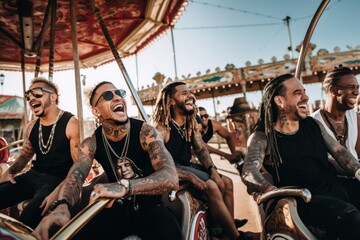 Fun loving young men with neck and face tattoos riding carousel - obrazy, fototapety, plakaty