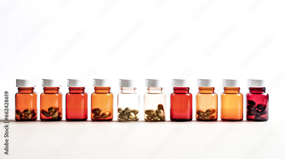 Poster the image shows an array of orange prescription bottles filled with various medicines, displayed by 