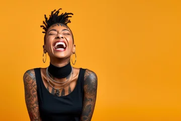 Foto op Aluminium Young woman with neck and face tattoos happy smiling laughing © blvdone