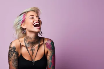 Fotobehang Young woman with neck and face tattoos happy smiling laughing © blvdone