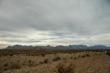 Fototapeta na wymiar Chisos Mountains Rise From The Empty Desert Of The Backcountry of Big Bend