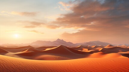 A desert landscape with sand dunes that seem to glow in the warm light of the setting sun. The sky is a canvas of vibrant reds and oranges.