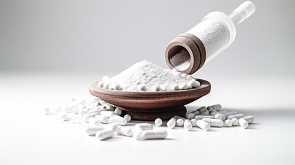 The image shows a white mortar and pestle crushing prescription medication.