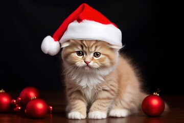 scottish tabby cat in red christmas hat