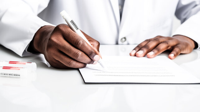 A hand holds a prescription pad on a desk in a professional setting.