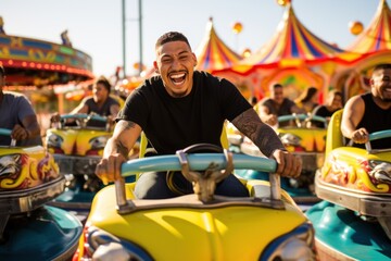 Fun loving young men with neck and face tattoos riding amusement park ride