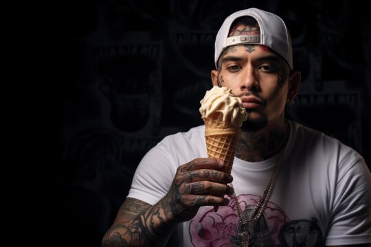 Young man with neck and face tattoos  eating ice cream
