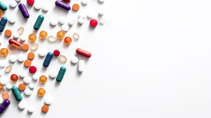 A top-down view of white prescription bottles with labels, pills, and caps arranged neatly on a surface.