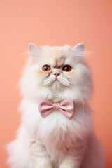 Persian cat with bowtie in front of peach colored background