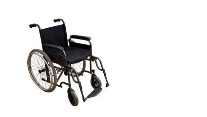 Fototapeta na wymiar Empty wheelchair in black with large wheels and manual controls on isolated on white background. Nobody. Medical equipment rental. Copy space. Disabled mobility. Banner