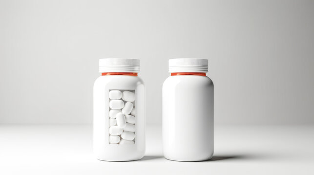 Two White Prescription Pill Bottles Stand Upright On A Table, Their Labels Facing Towards The Camera. The Bottles Appear To Be Full.