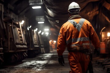 Back view of mining worker in underground. - obrazy, fototapety, plakaty