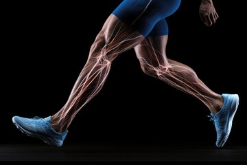 Side View Of Joggers Legs With Veins Pulsating, Isolated On Black Background