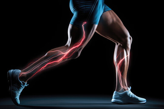 Side View Of Joggers Legs With Veins Pulsating, Isolated On Black Background. Сoncept Fitness Inspiration, Active Lifestyle, Strong Legs, Fitness Journey, Determination