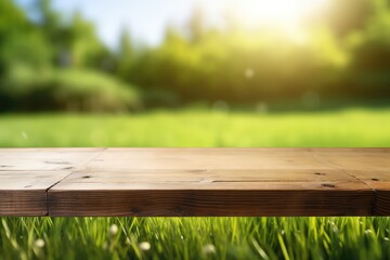 Spring Natural Background Featuring Green, Fresh, And Juicy Young Grass And Empty Wooden Table In Outdoor Morning Setting, Enhanced By Bokeh And Sunlight