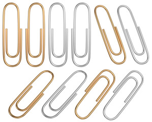 Realistic metal paper clips set in different positions. Isolated golden and steel clips. 3D rendering.