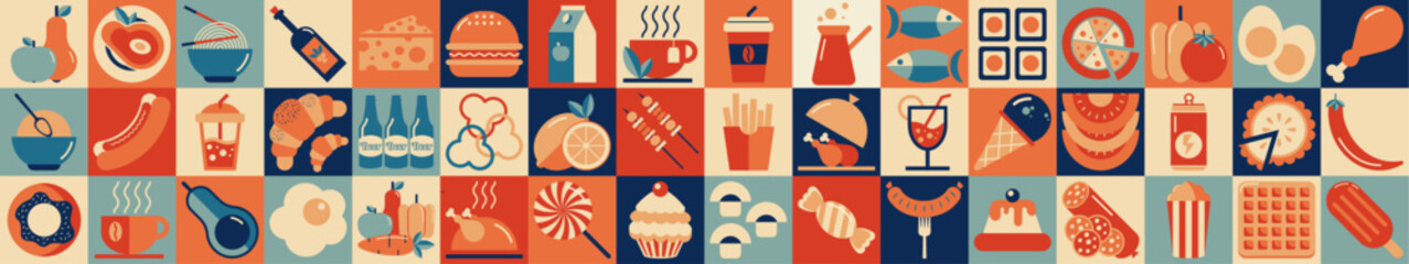 Set of 48 colorful icons related to food and drinks. Abstract food and drink geometric pattern. Mosaic style. Collection of food icons. Vector illustration - obrazy, fototapety, plakaty