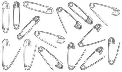 Realistic open and closed metal sewing safety pin set. 3D rendering.